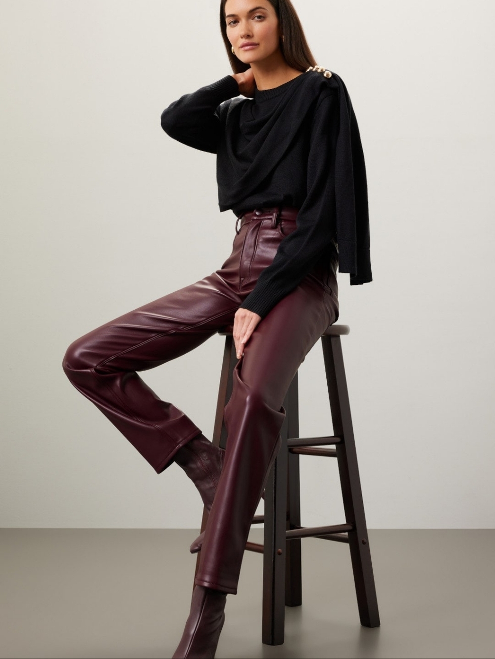 Burgundy Faux Leather Pants Clearance Sale